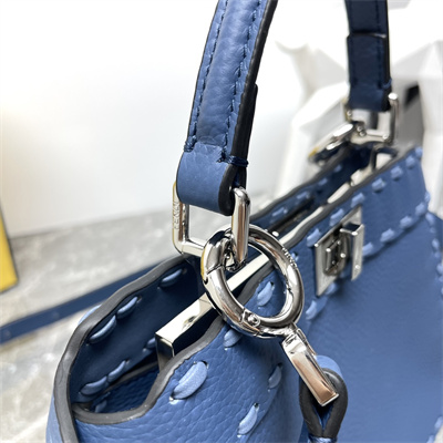 Fen.di Peekaboo ISeeU Petite Cuoio Romano Leather Blue Selleria bag with 306 hand-sewn topstitches