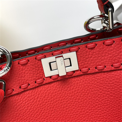 Fen.di Peekaboo ISeeU Petite Cuoio Romano Leather Red Selleria bag with 306 hand-sewn topstitches