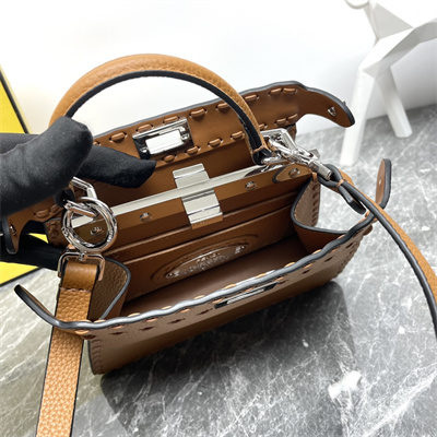 Fen.di Peekaboo ISeeU Petite Cuoio Romano Leather Brown Selleria bag with 306 hand-sewn topstitches