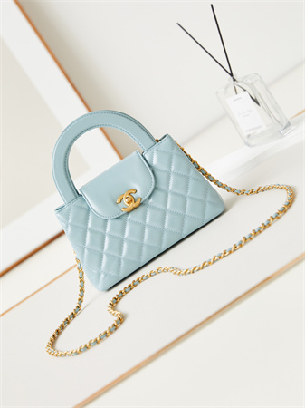 Cha.nel Mini Shopping Bag Kelly Bag Shiny Aged Calfskin Gold-Tone Metal Lt Blue AS4416