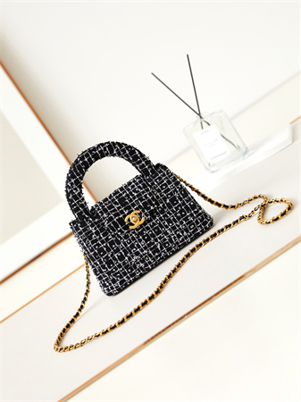 Cha.nel Mini Shopping Bag Kelly Bag Tweed Gold-Tone Metal Black/White AS4416