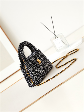Cha.nel Mini Shopping Bag Kelly Bag Tweed Gold-Tone Metal Black/White AS4416