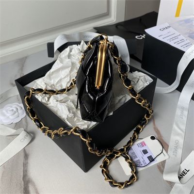 Ch*el clutch with chain lambskin gold-tone metal black ap4028