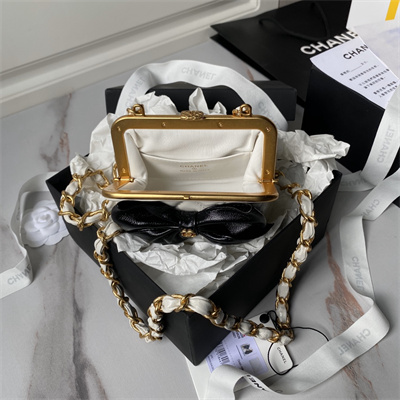 Ch*el clutch with chain lambskin gold-tone metal black/white ap4028