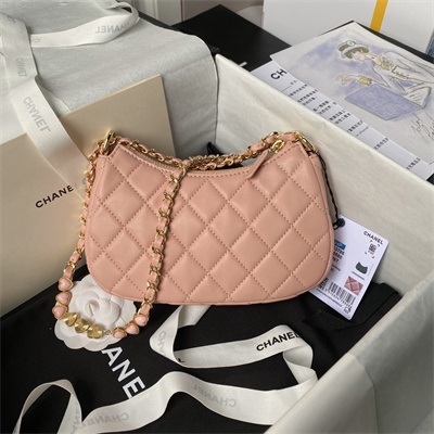 Ch*el hobo bag lambskin gold tone metal pink as3786