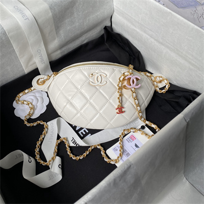Ch*el waist bag shiny lambskin, enamel & gold-tone metal white as4113