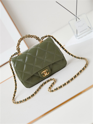 Cha.nel Mini Flap Bag with Top Handle Shiny Lambskin & Gold-Tone Metal Green AS5032