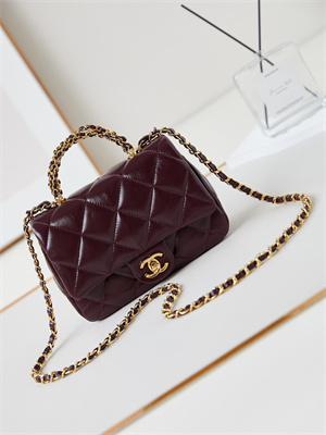 Cha.nel Mini Flap Bag with Top Handle Shiny Lambskin & Gold-Tone Metal Burgundy AS5032