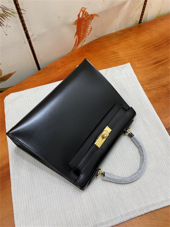 Kelly Sellier Bag Box Leather 25/28CM Gold/Silver Hardware Black HS