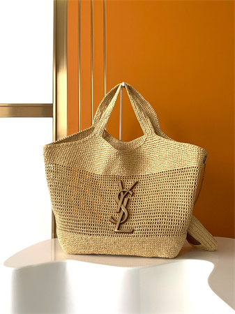 Y.S.L ICARE MAXI SHOPPING BAG IN Raffia Gold Tone Metal
