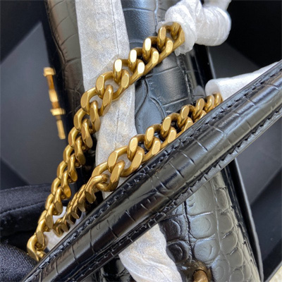 Y.S.L Sunset MEDIUM Bag In Crocodile Embossed Leather Gold Tone Metal Black Color