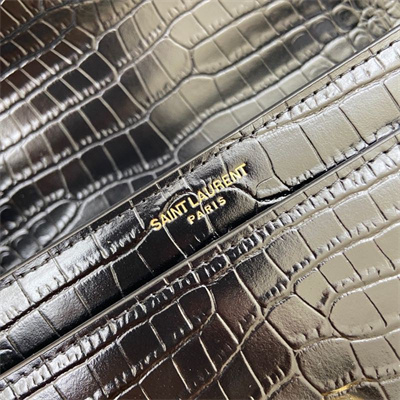 Y.S.L Sunset MEDIUM Bag In Crocodile Embossed Leather Gold Tone Metal Black Color