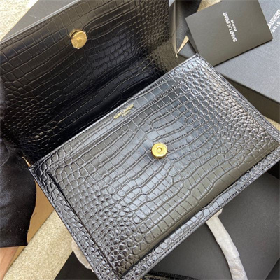 Y.S.L Sunset MEDIUM Bag In Crocodile Embossed Leather Gold Tone Metal Black Color