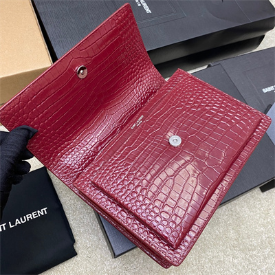 Y.S.L Sunset MEDIUM Bag In Crocodile Embossed Leather Silver Tone Metal Burgundy Color