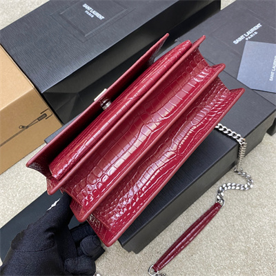 Y.S.L Sunset MEDIUM Bag In Crocodile Embossed Leather Silver Tone Metal Burgundy Color