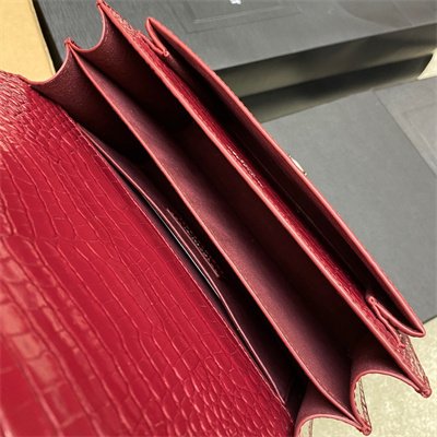 Y.S.L Sunset MEDIUM Bag In Crocodile Embossed Leather Silver Tone Metal Burgundy Color