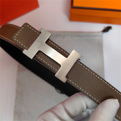 H**mes mini constance belt buckle & reversible leather strap 25 mm silver hardware etoupe/black