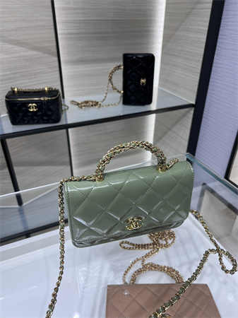 Cha.nel Wallet On Chain Shiny Lambskin & Gold-Tone Metal Green AP4166