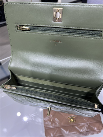 Cha.nel Wallet On Chain Shiny Lambskin & Gold-Tone Metal Green AP4166