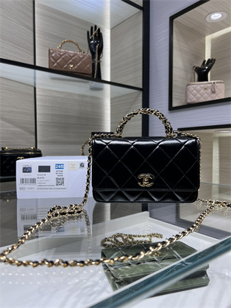 Cha.nel Wallet On Chain Shiny Lambskin & Gold-Tone Metal Black AP4166