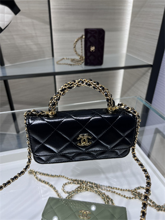 Cha.nel Flap Phone Holder with Chain Shiny Lambskin & Gold-Tone Metal Black AP4167