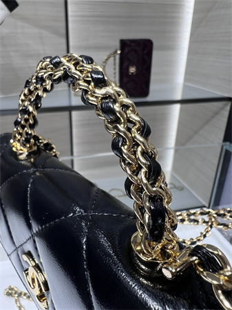 Cha.nel Flap Phone Holder with Chain Shiny Lambskin & Gold-Tone Metal Black AP4167