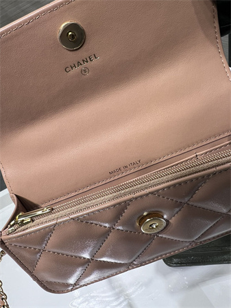 Cha.nel Flap Phone Holder with Chain Shiny Lambskin & Gold-Tone Metal Nude Pink AP4167