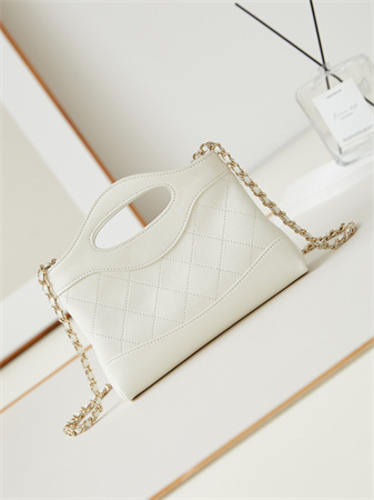 Cha.nel 31 Nano Chain Bag Calfskin Gold Tone Metal White AS3656