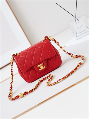 cha.nel S*permini flap bag lambskin gold tone metal red as4946