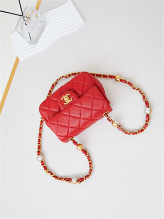 cha.nel S*permini flap bag lambskin gold tone metal red as4946