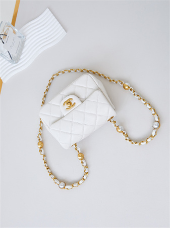 cha.nel S*permini flap bag lambskin gold tone metal white as4946