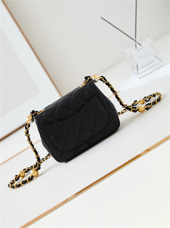 cha.nel S*permini flap bag lambskin gold tone metal black as4946