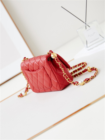 Cha.nel Mini Flap Bag Lambskin Gold Tone Metal Red AS4947