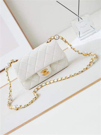 Cha.nel Mini Flap Bag Lambskin Gold Tone Metal White AS4947