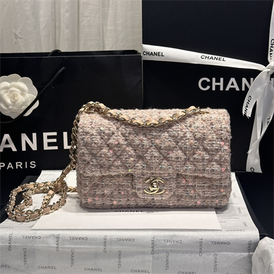 Cha.nel Mini Classic Flap Bag Tweed With Sequin Gold Tone Metal Pink