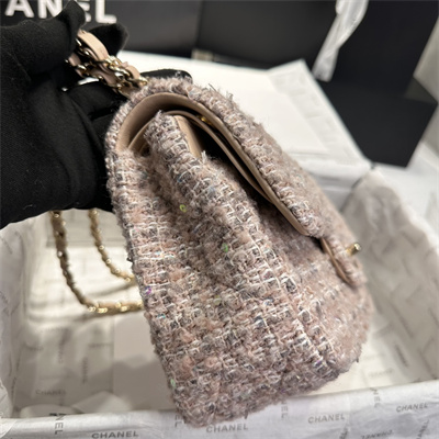 Cha.nel Medium Classic Flap Bag Tweed With Sequin Gold Tone Metal Pink