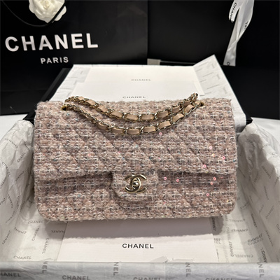 Cha.nel Medium Classic Flap Bag Tweed With Sequin Gold Tone Metal Pink