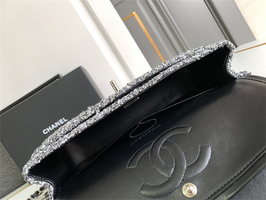 Cha.nel Medium Classic Flap Bag Tweed Gold Tone Metal Grey