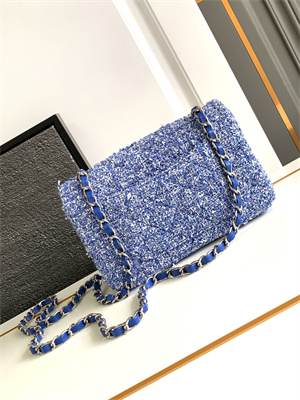 Cha.nel Mini Classic Flap Bag Tweed Gold Tone Metal Blue