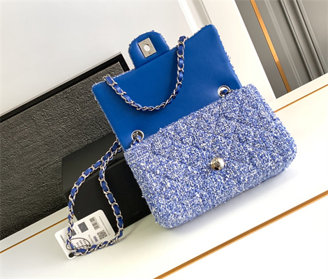 Cha.nel Mini Classic Flap Bag Tweed Gold Tone Metal Blue