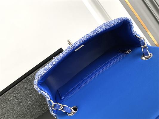 Cha.nel Mini Classic Flap Bag Tweed Gold Tone Metal Blue