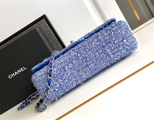 Cha.nel Medium Classic Flap Bag Tweed Gold Tone Metal Blue