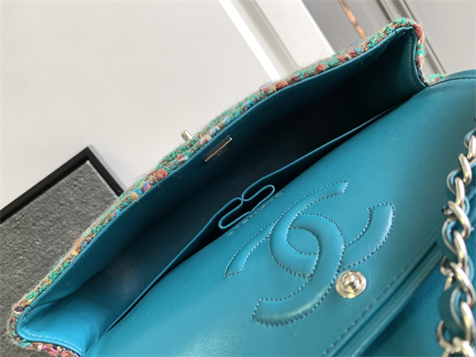 Cha.nel Medium Classic Flap Bag Tweed Gold Tone Metal Green