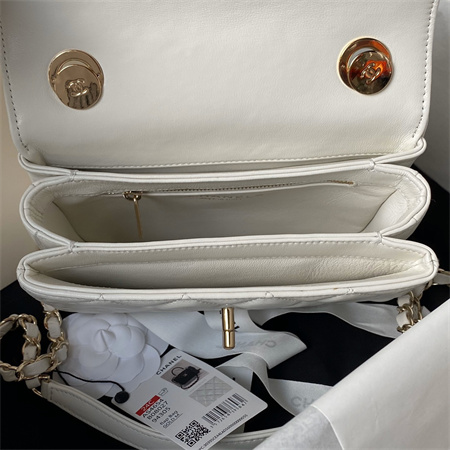 Cha.nel Trendy CC Mini Flap Bag With Top Handle Lambskin Gold Tone Metal White AS4654
