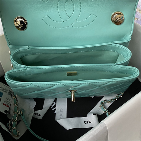 Cha.nel Trendy CC Flap Bag With Top Handle Lambskin Gold Tone Metal Blue A92236