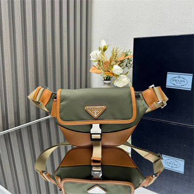 Pra*a re-nylon and leather shoulder bag military/caramel 2vh176