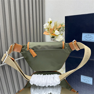 Pra*a re-nylon and leather shoulder bag military/caramel 2vh176