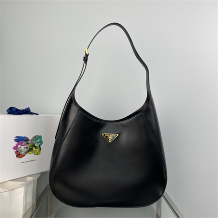 Pra*a large leather shoulder bag with topstitching black 1bc181