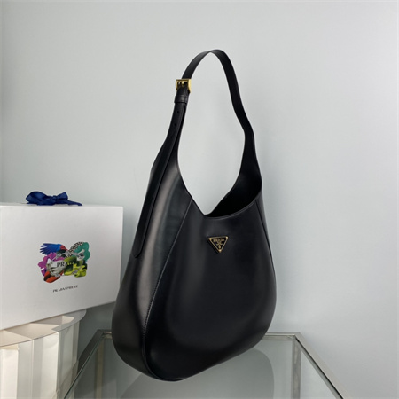 Pra*a large leather shoulder bag with topstitching black 1bc181