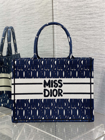 cd miss D*or medium book tote allover emb navy blue